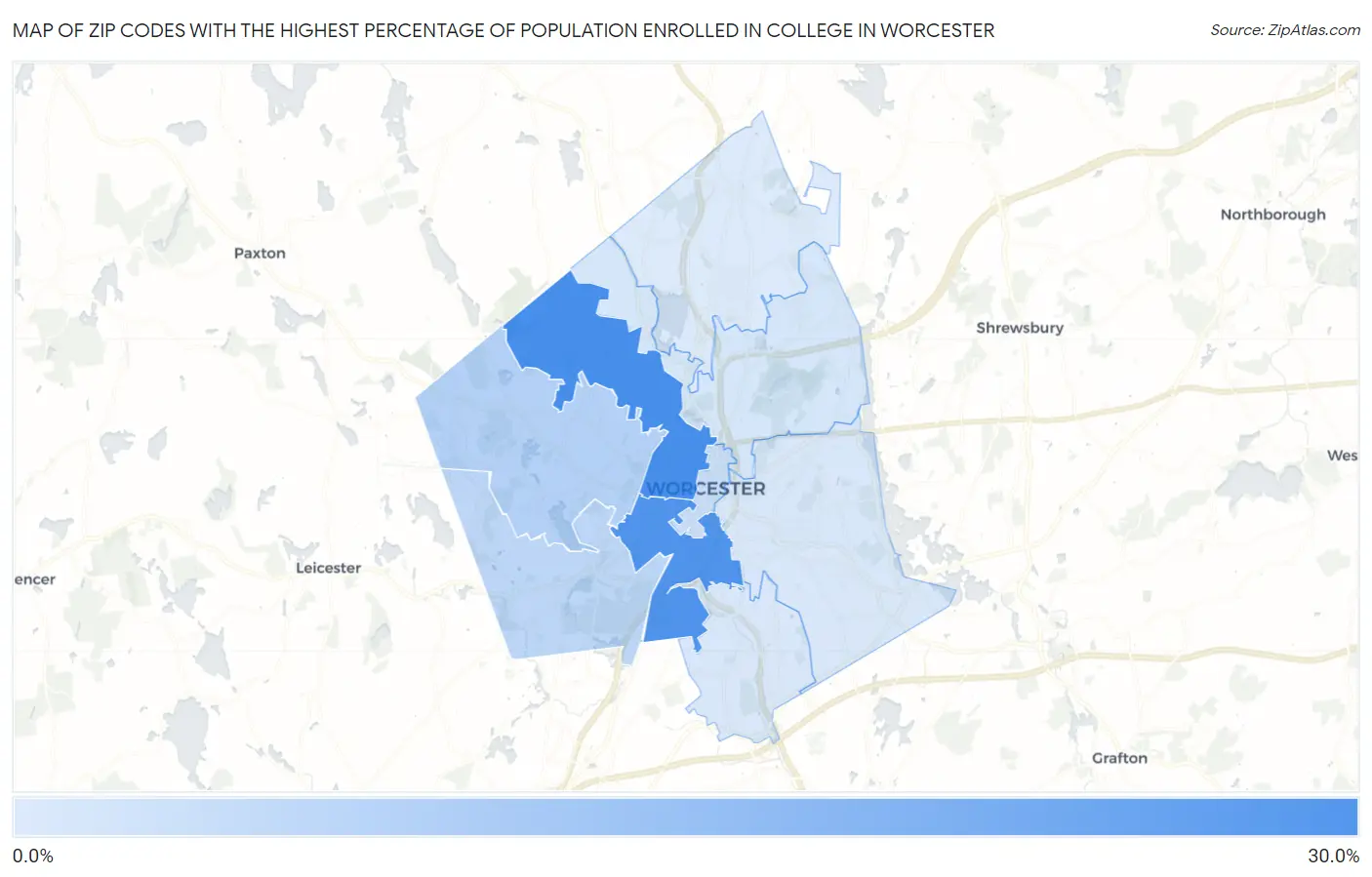 Zip Codes with the Highest Percentage of Population Enrolled in College in Worcester Map