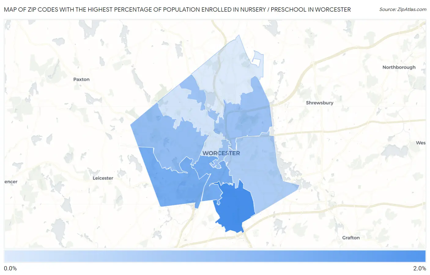 Zip Codes with the Highest Percentage of Population Enrolled in Nursery / Preschool in Worcester Map
