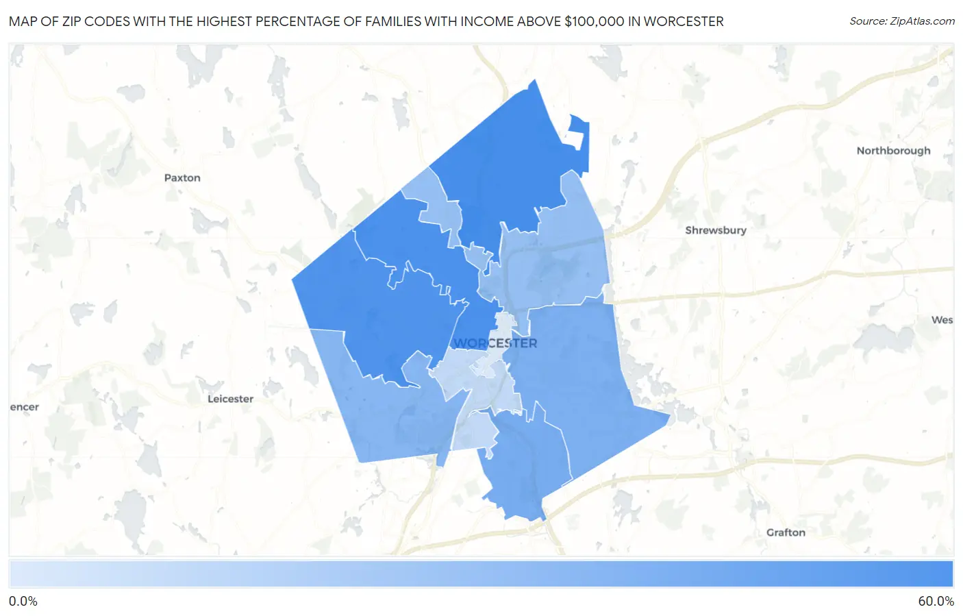 Zip Codes with the Highest Percentage of Families with Income Above $100,000 in Worcester Map