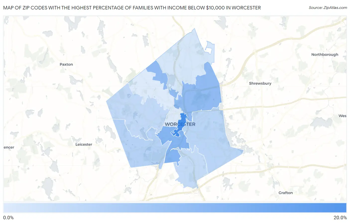 Zip Codes with the Highest Percentage of Families with Income Below $10,000 in Worcester Map