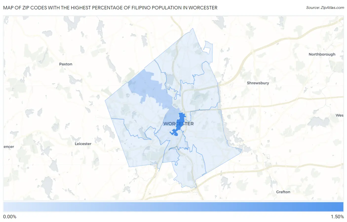 Zip Codes with the Highest Percentage of Filipino Population in Worcester Map
