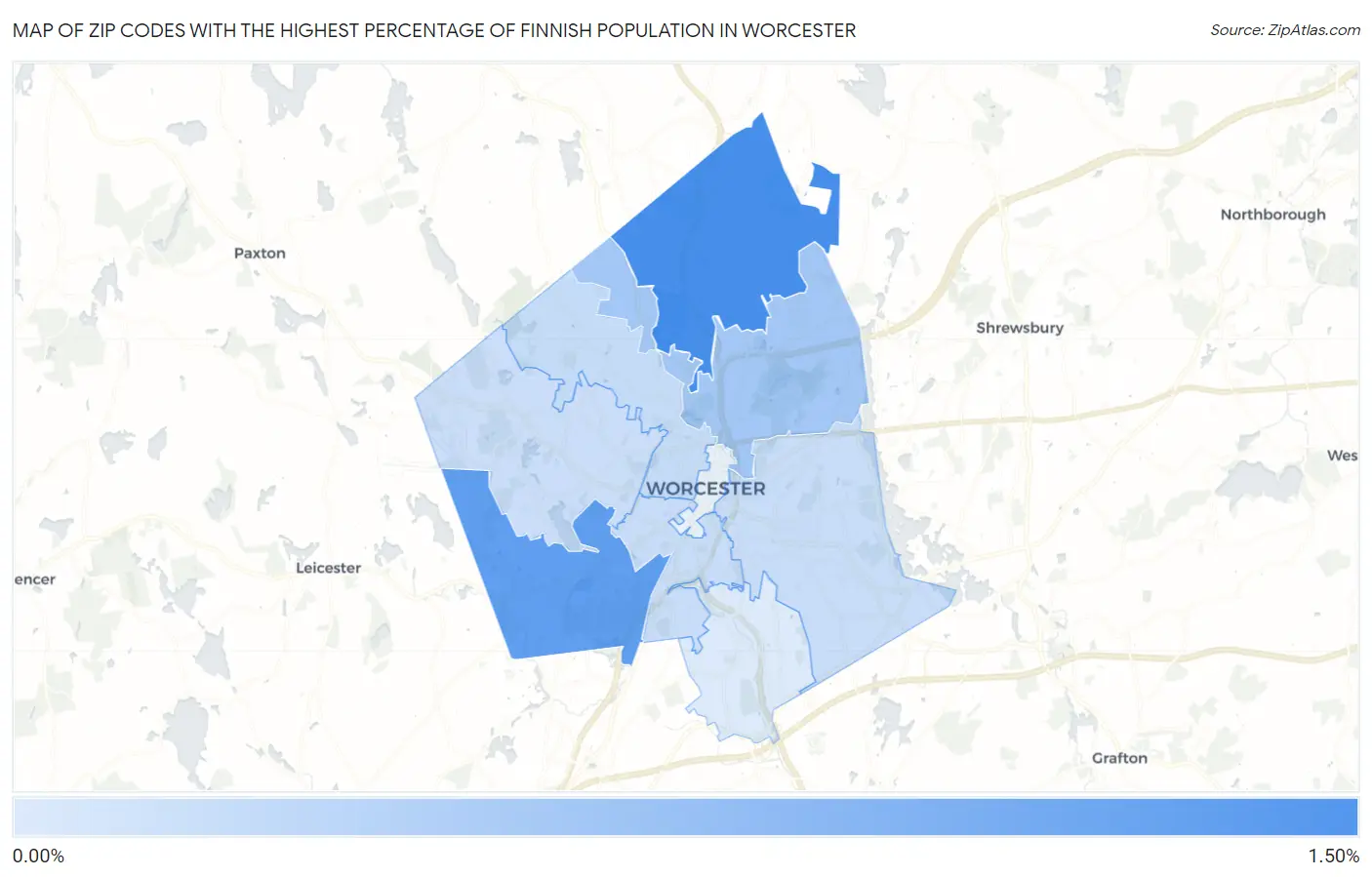 Zip Codes with the Highest Percentage of Finnish Population in Worcester Map