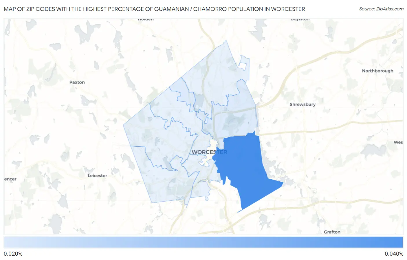 Zip Codes with the Highest Percentage of Guamanian / Chamorro Population in Worcester Map