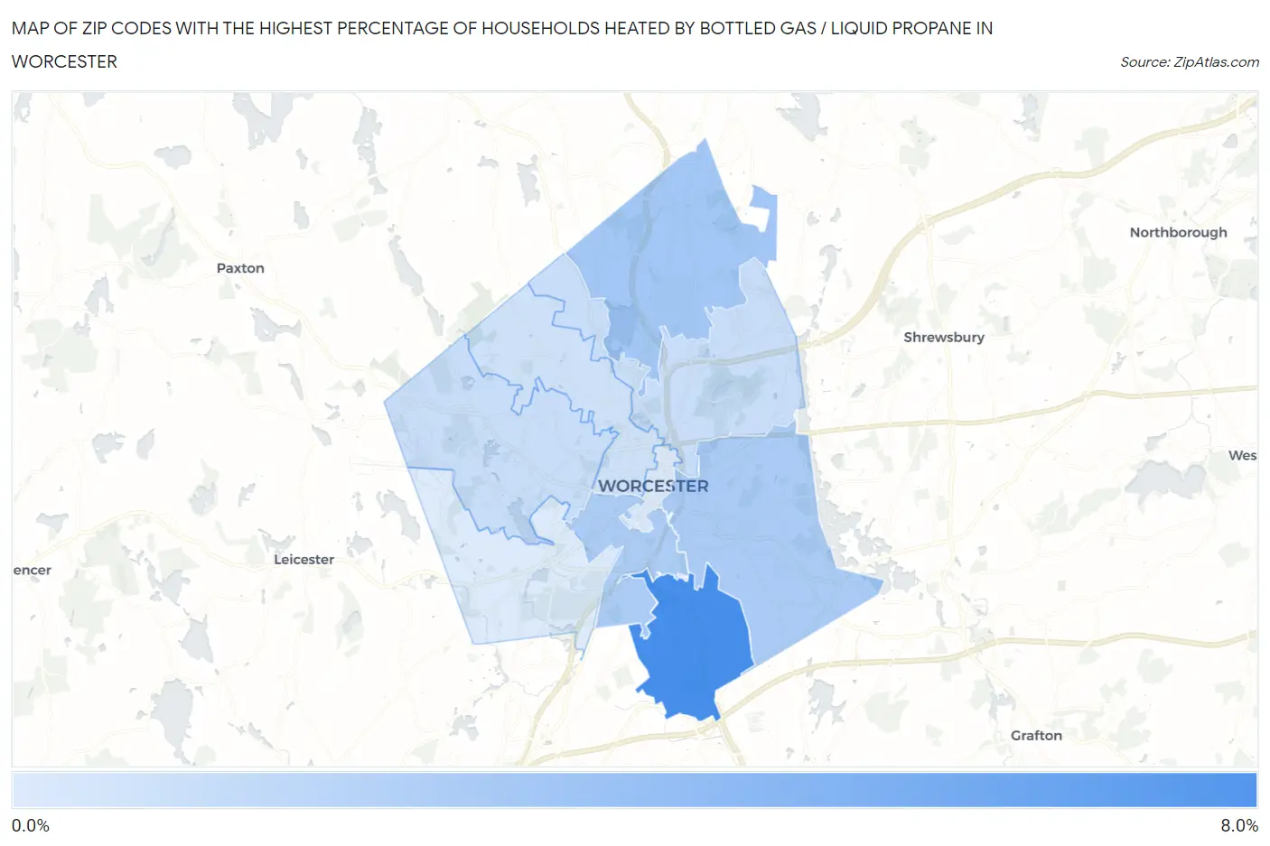 Zip Codes with the Highest Percentage of Households Heated by Bottled Gas / Liquid Propane in Worcester Map