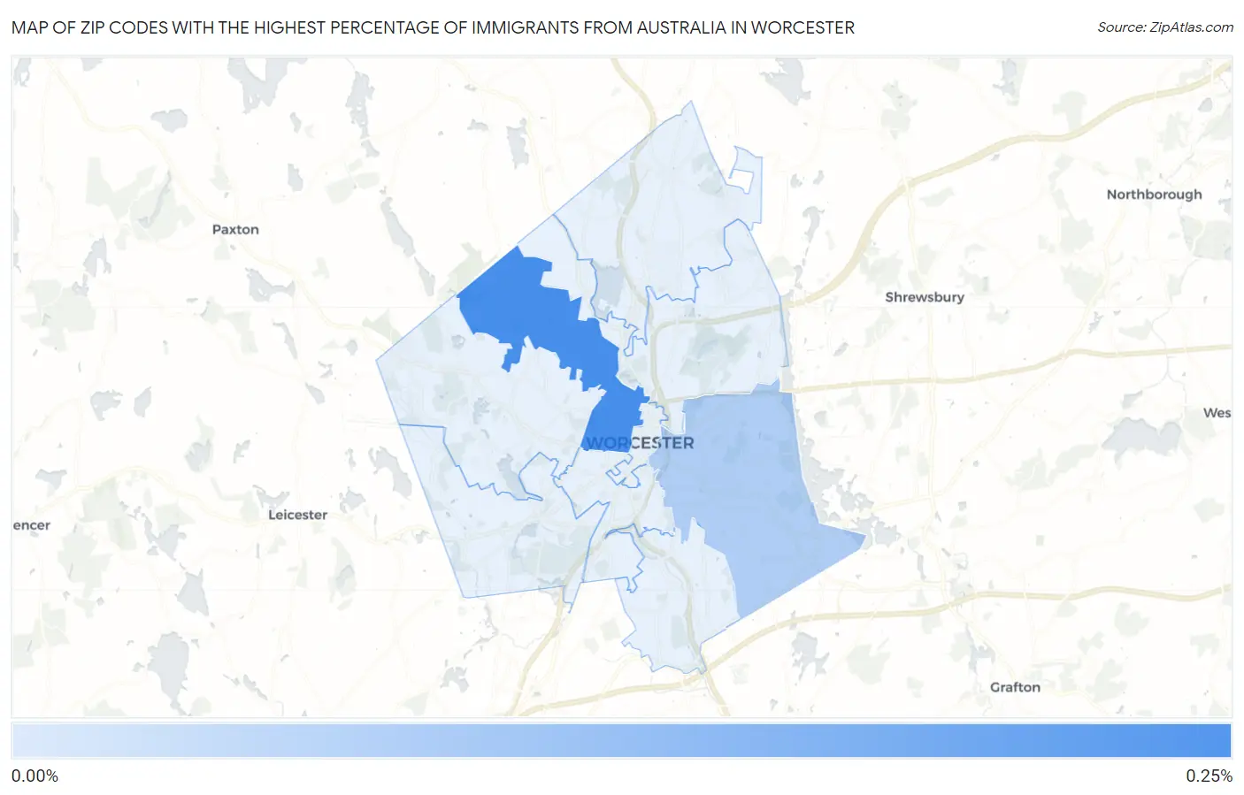 Zip Codes with the Highest Percentage of Immigrants from Australia in Worcester Map