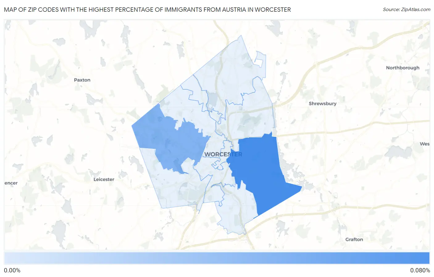 Zip Codes with the Highest Percentage of Immigrants from Austria in Worcester Map