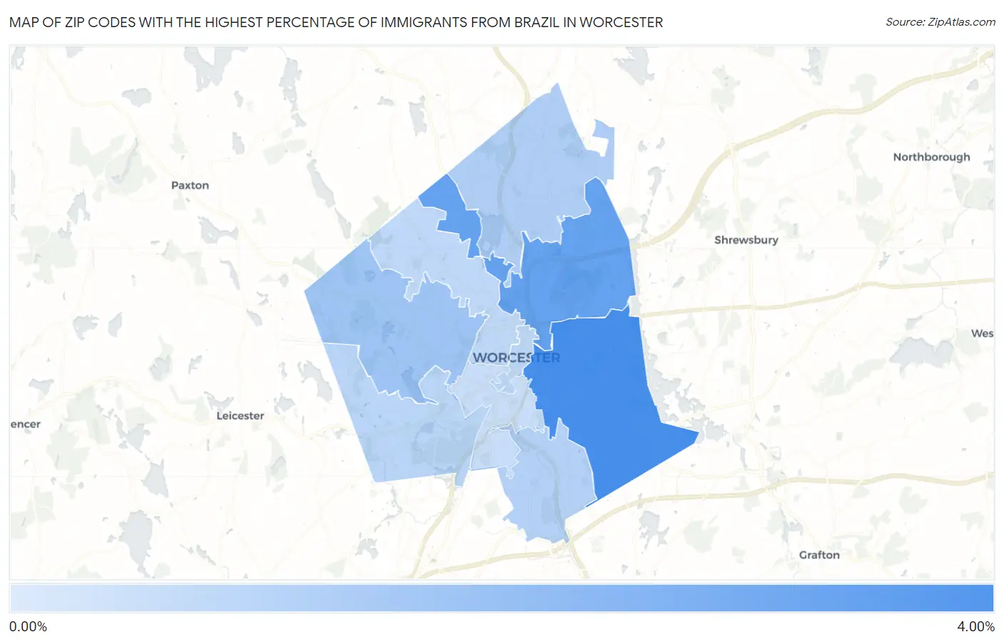 Zip Codes with the Highest Percentage of Immigrants from Brazil in Worcester Map