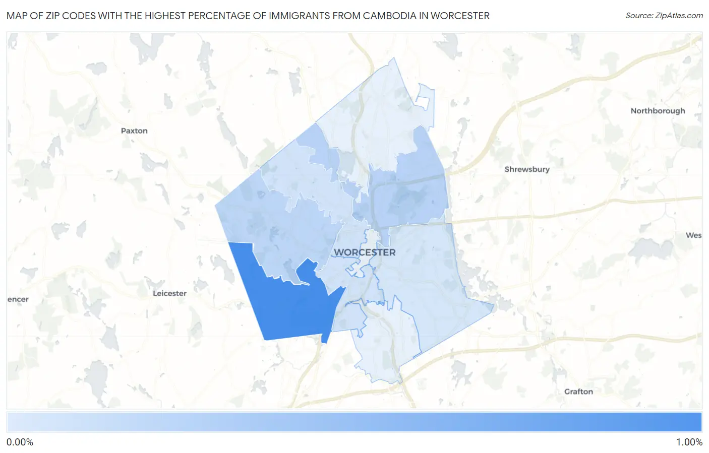 Zip Codes with the Highest Percentage of Immigrants from Cambodia in Worcester Map