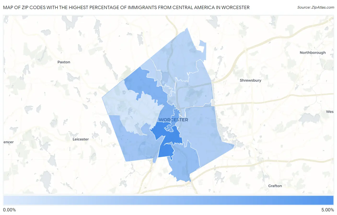 Zip Codes with the Highest Percentage of Immigrants from Central America in Worcester Map