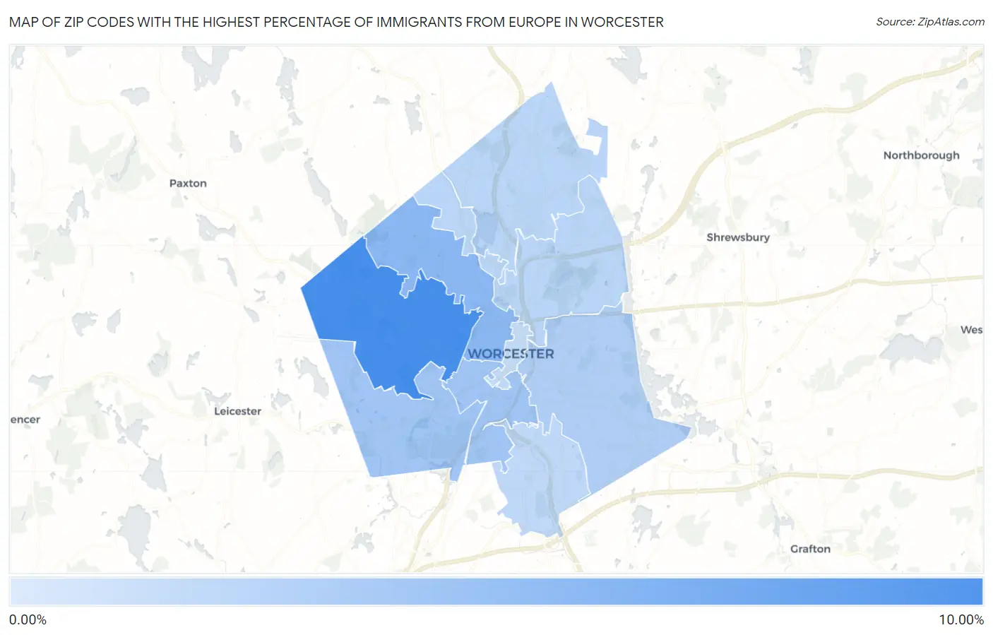 Zip Codes with the Highest Percentage of Immigrants from Europe in Worcester Map