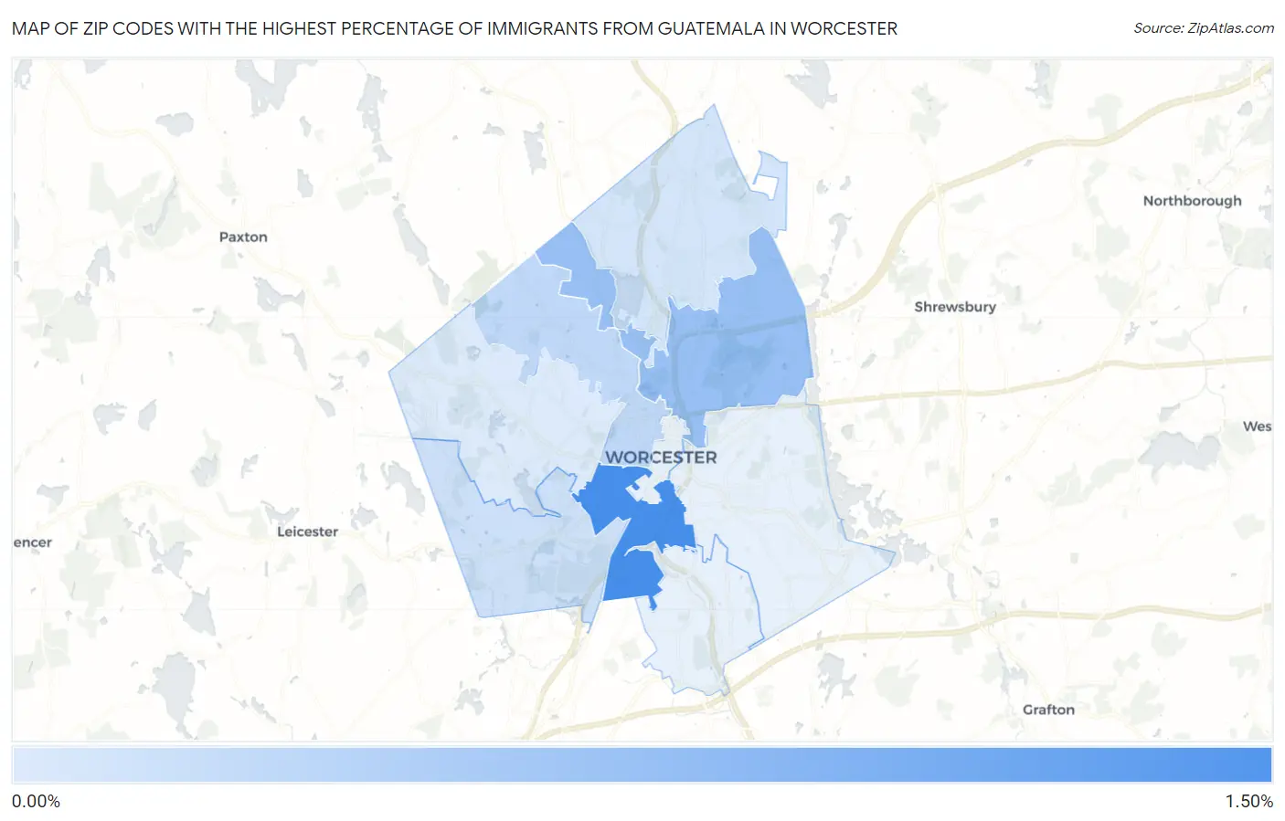 Zip Codes with the Highest Percentage of Immigrants from Guatemala in Worcester Map