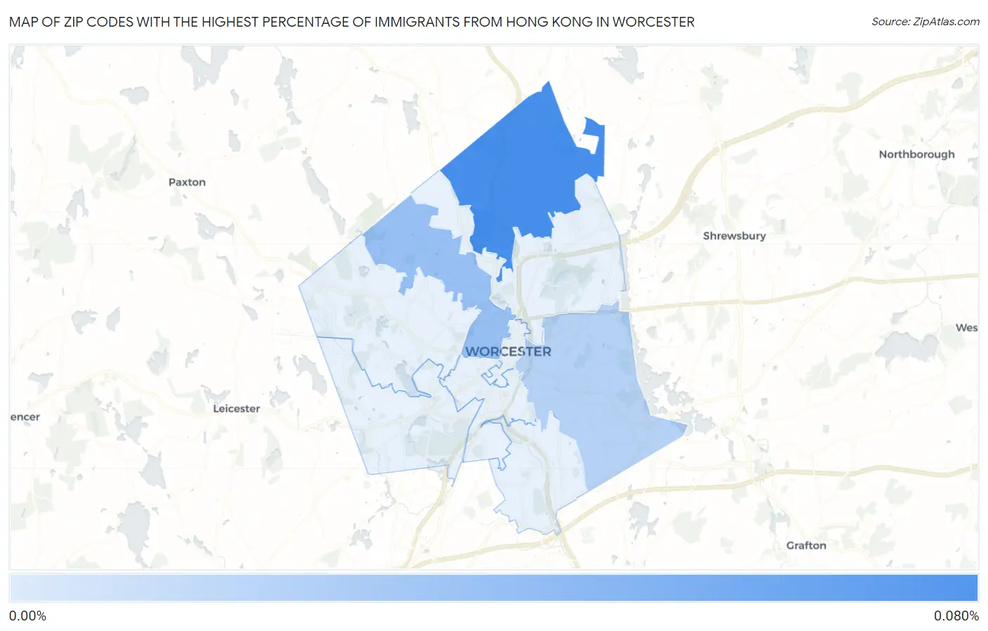 Zip Codes with the Highest Percentage of Immigrants from Hong Kong in Worcester Map