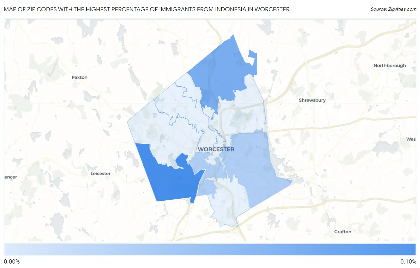 Zip Codes with the Highest Percentage of Immigrants from Indonesia in Worcester Map