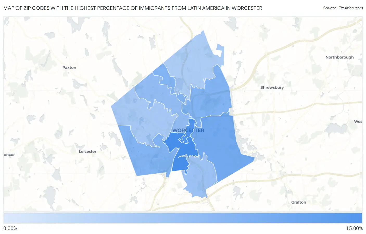 Zip Codes with the Highest Percentage of Immigrants from Latin America in Worcester Map