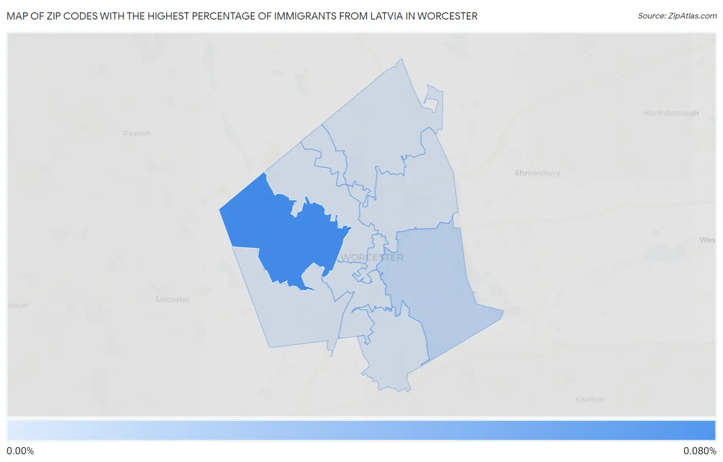 Zip Codes with the Highest Percentage of Immigrants from Latvia in Worcester Map