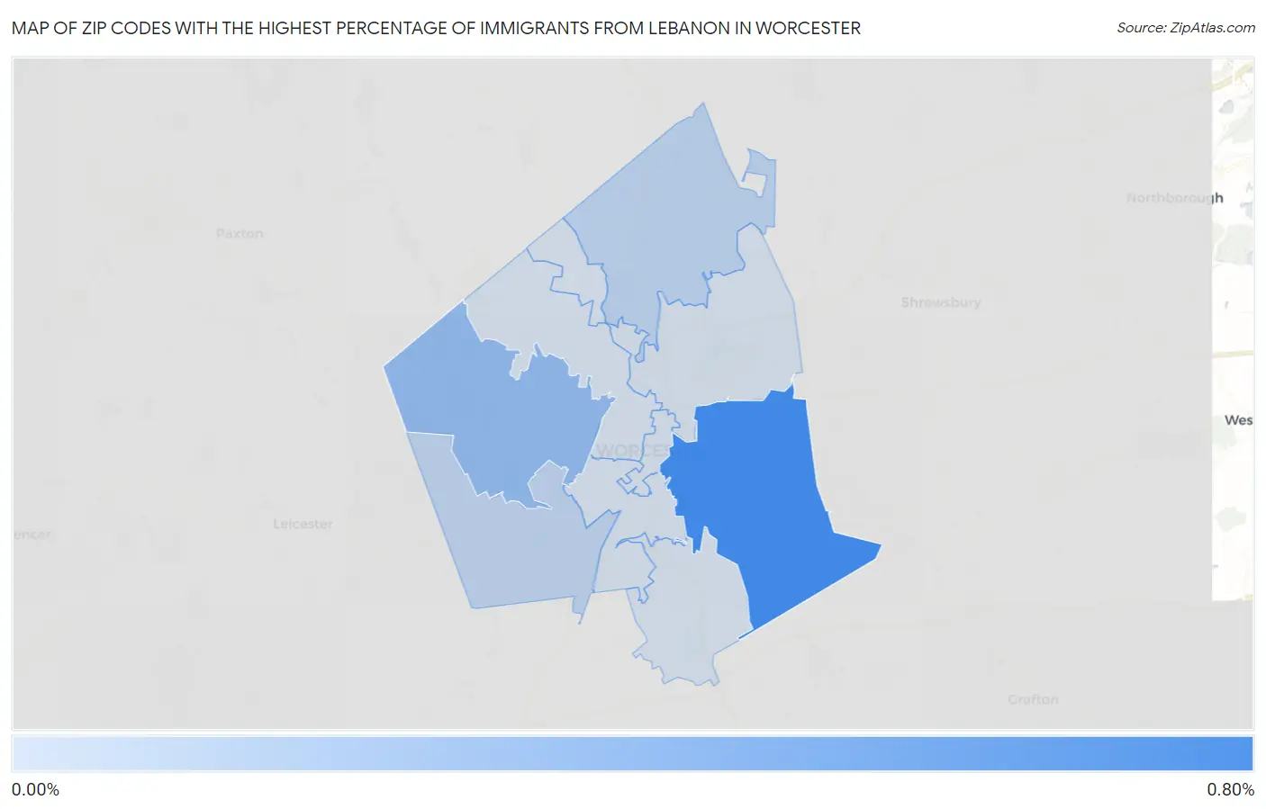 Zip Codes with the Highest Percentage of Immigrants from Lebanon in Worcester Map