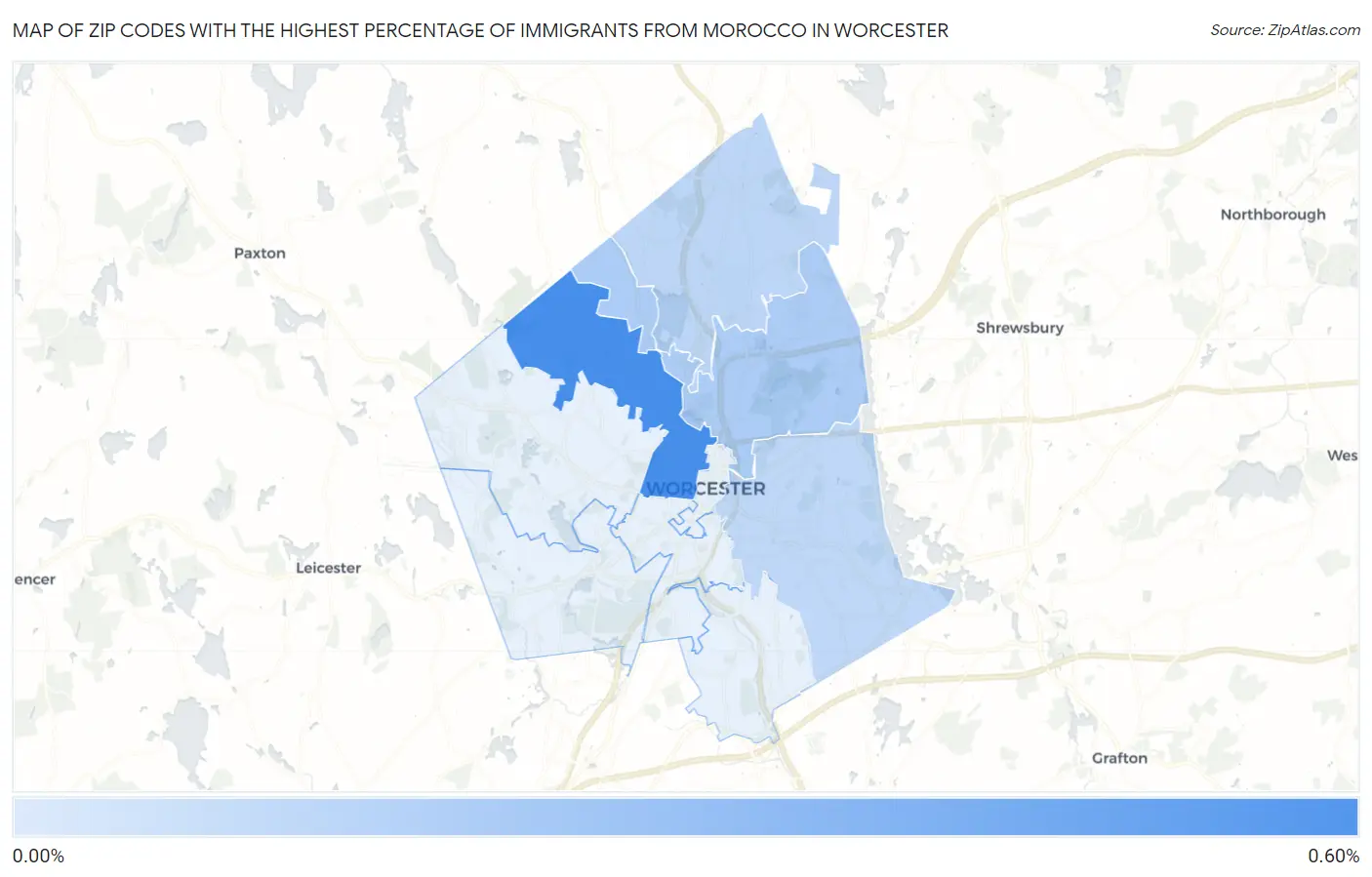 Zip Codes with the Highest Percentage of Immigrants from Morocco in Worcester Map