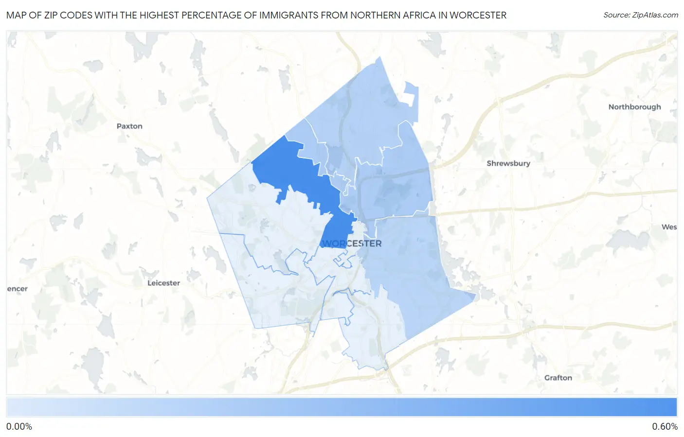 Zip Codes with the Highest Percentage of Immigrants from Northern Africa in Worcester Map