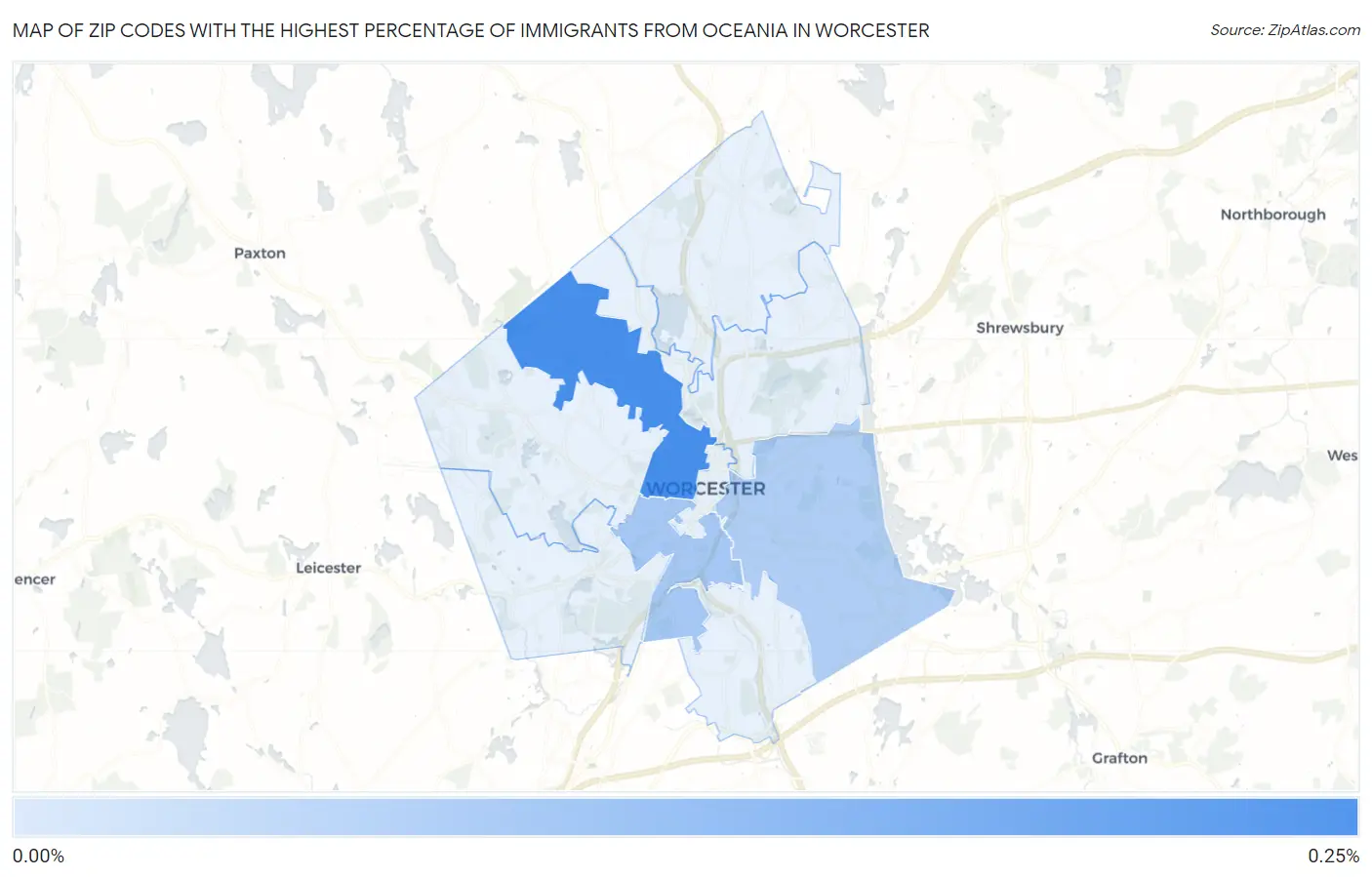 Zip Codes with the Highest Percentage of Immigrants from Oceania in Worcester Map