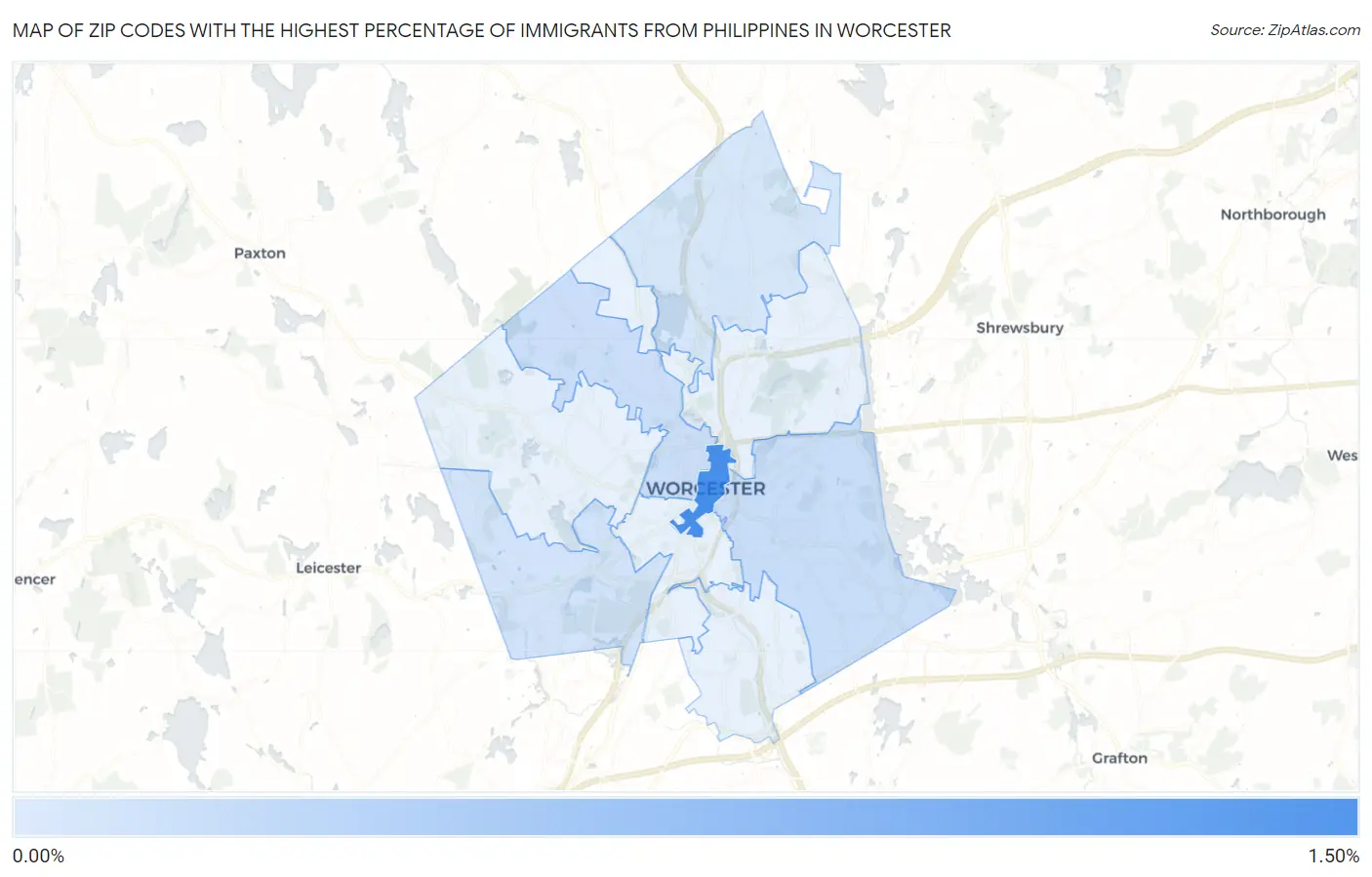 Zip Codes with the Highest Percentage of Immigrants from Philippines in Worcester Map