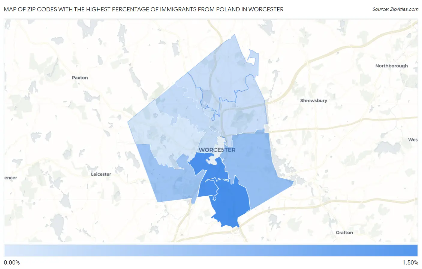 Zip Codes with the Highest Percentage of Immigrants from Poland in Worcester Map