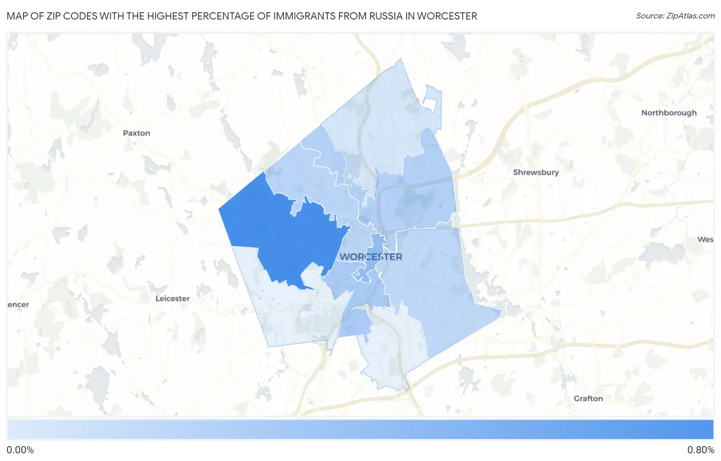 Zip Codes with the Highest Percentage of Immigrants from Russia in Worcester Map