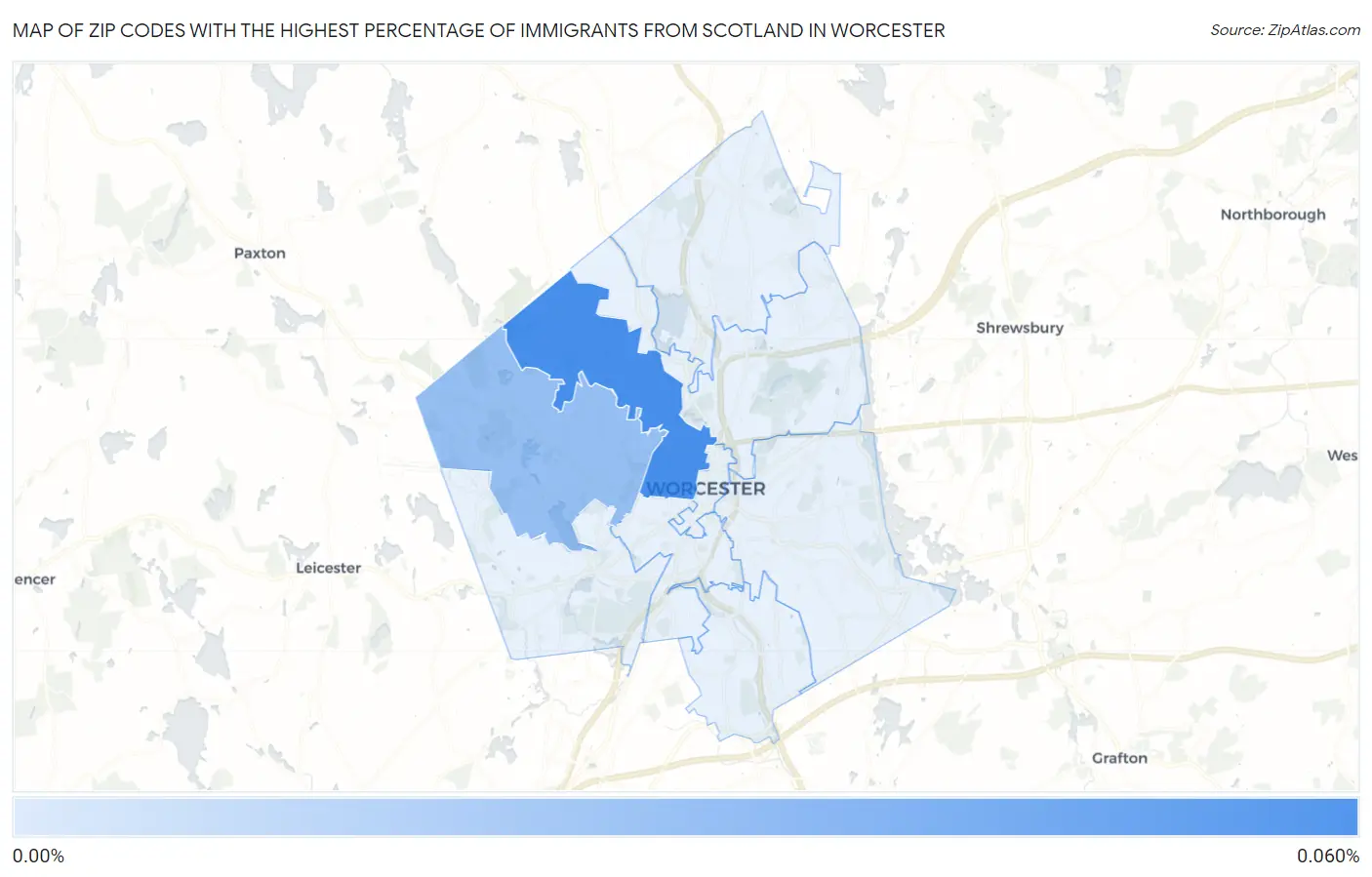 Zip Codes with the Highest Percentage of Immigrants from Scotland in Worcester Map