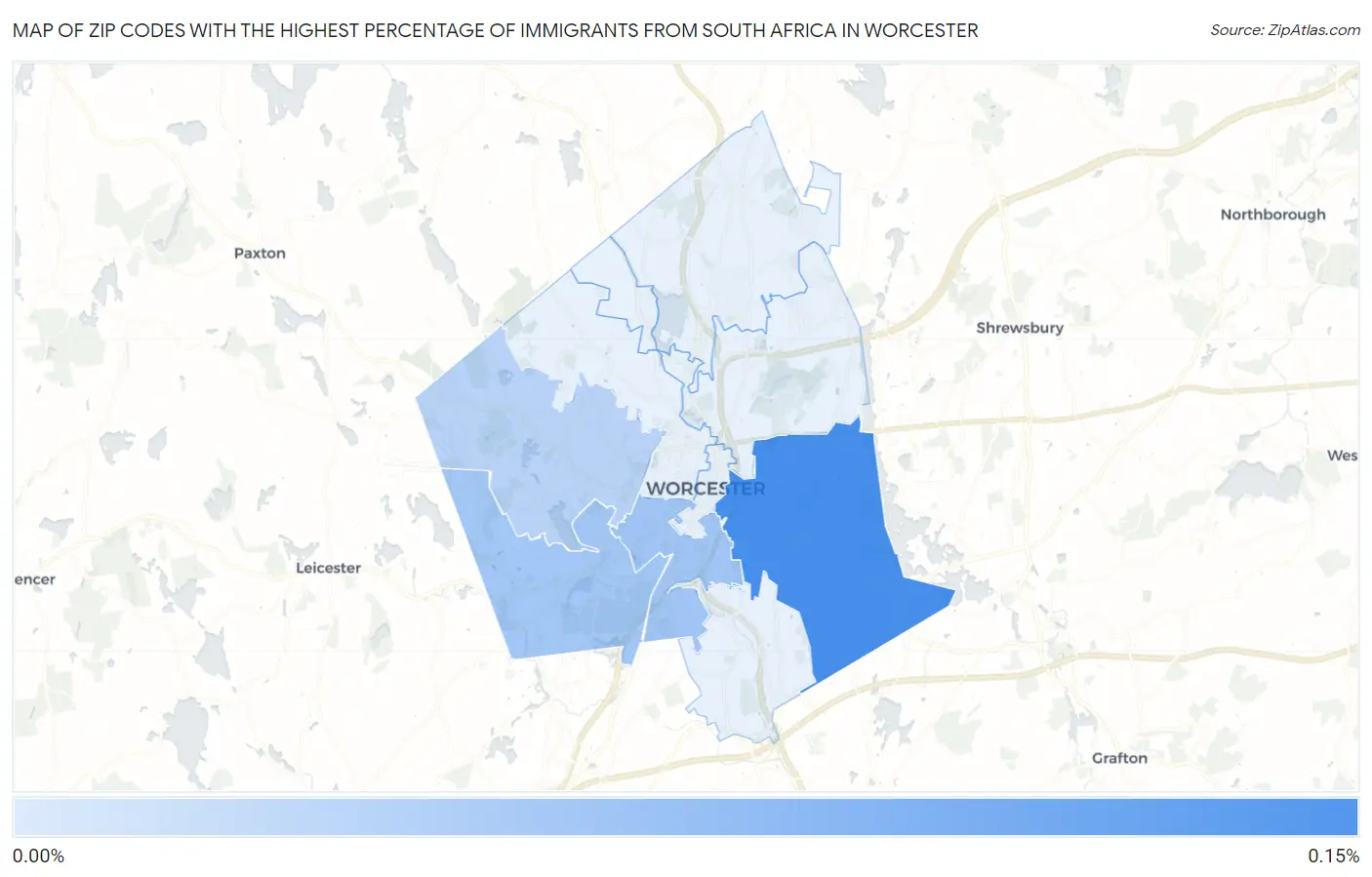 Zip Codes with the Highest Percentage of Immigrants from South Africa in Worcester Map