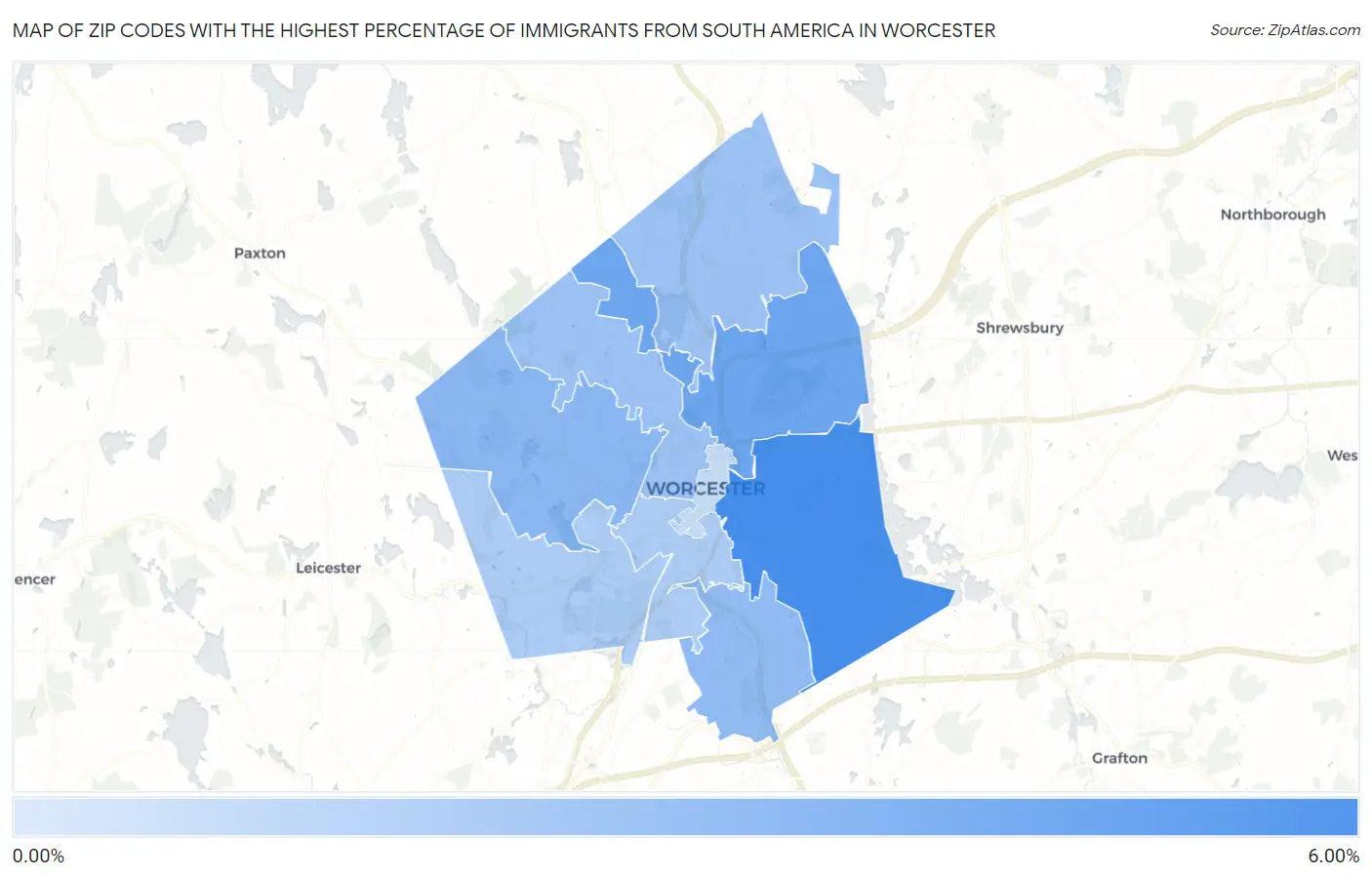 Zip Codes with the Highest Percentage of Immigrants from South America in Worcester Map