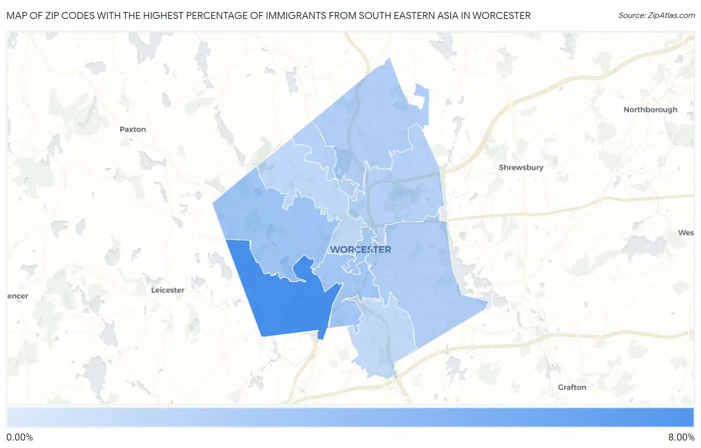 Zip Codes with the Highest Percentage of Immigrants from South Eastern Asia in Worcester Map