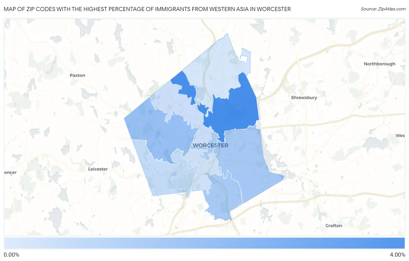 Zip Codes with the Highest Percentage of Immigrants from Western Asia in Worcester Map