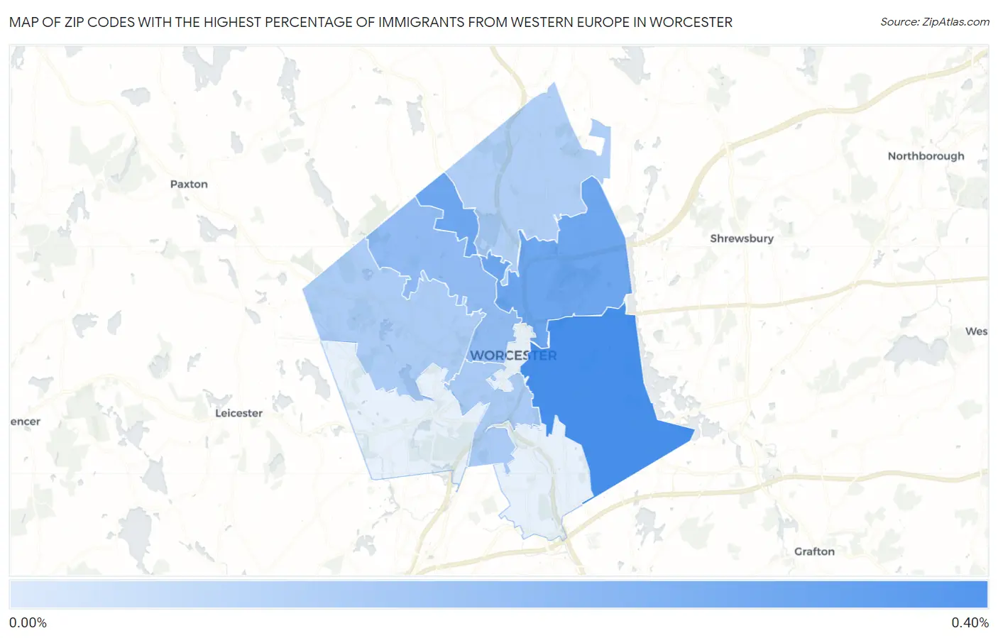 Zip Codes with the Highest Percentage of Immigrants from Western Europe in Worcester Map