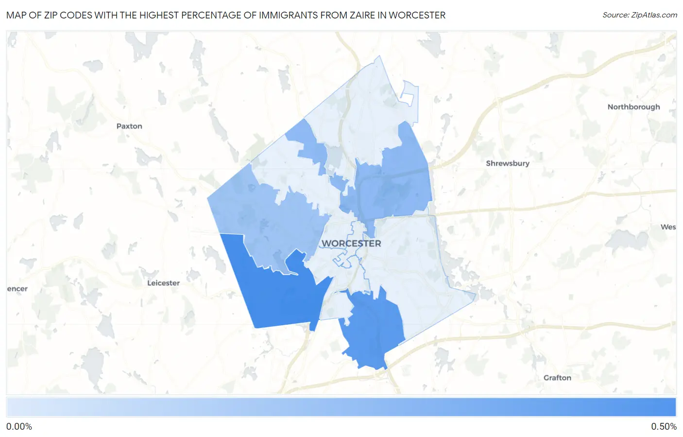 Zip Codes with the Highest Percentage of Immigrants from Zaire in Worcester Map