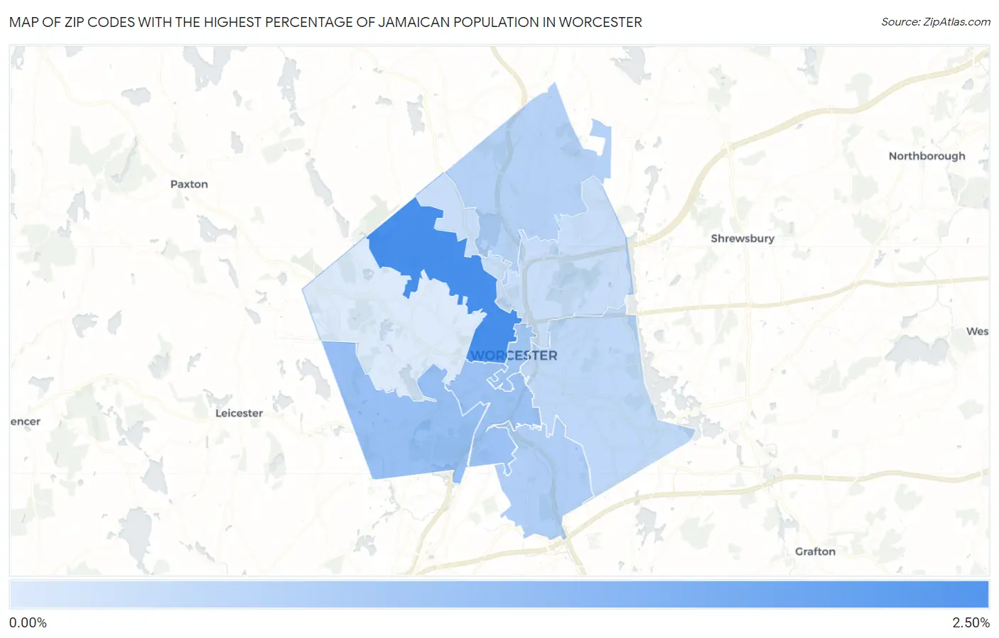Zip Codes with the Highest Percentage of Jamaican Population in Worcester Map