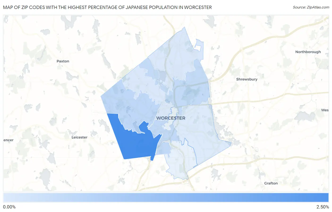 Zip Codes with the Highest Percentage of Japanese Population in Worcester Map