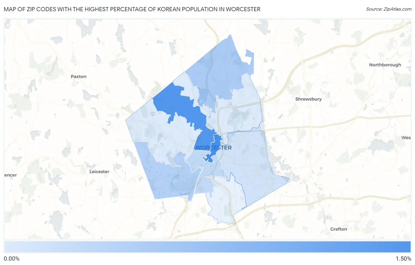 Zip Codes with the Highest Percentage of Korean Population in Worcester Map