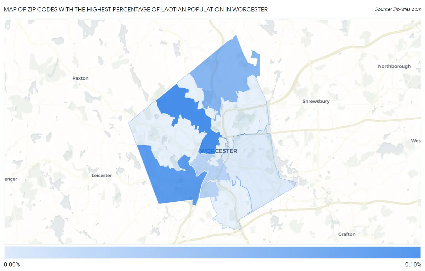 Zip Codes with the Highest Percentage of Laotian Population in Worcester Map