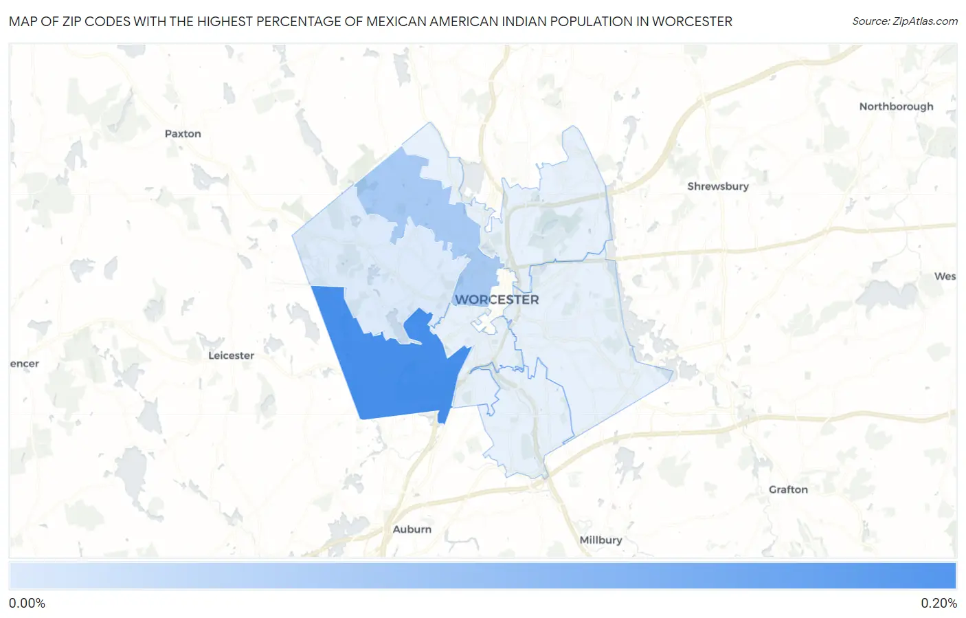 Zip Codes with the Highest Percentage of Mexican American Indian Population in Worcester Map