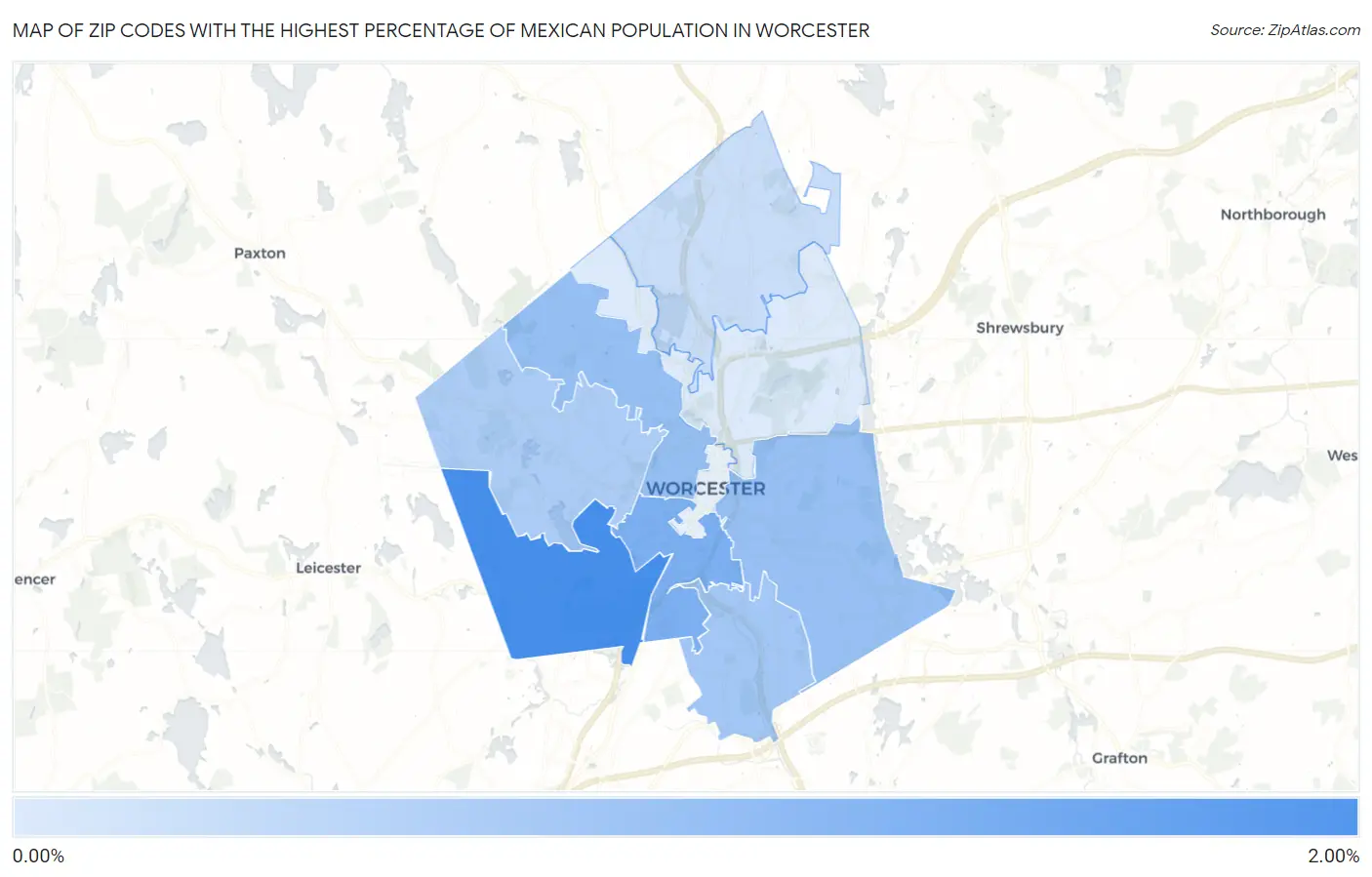 Zip Codes with the Highest Percentage of Mexican Population in Worcester Map