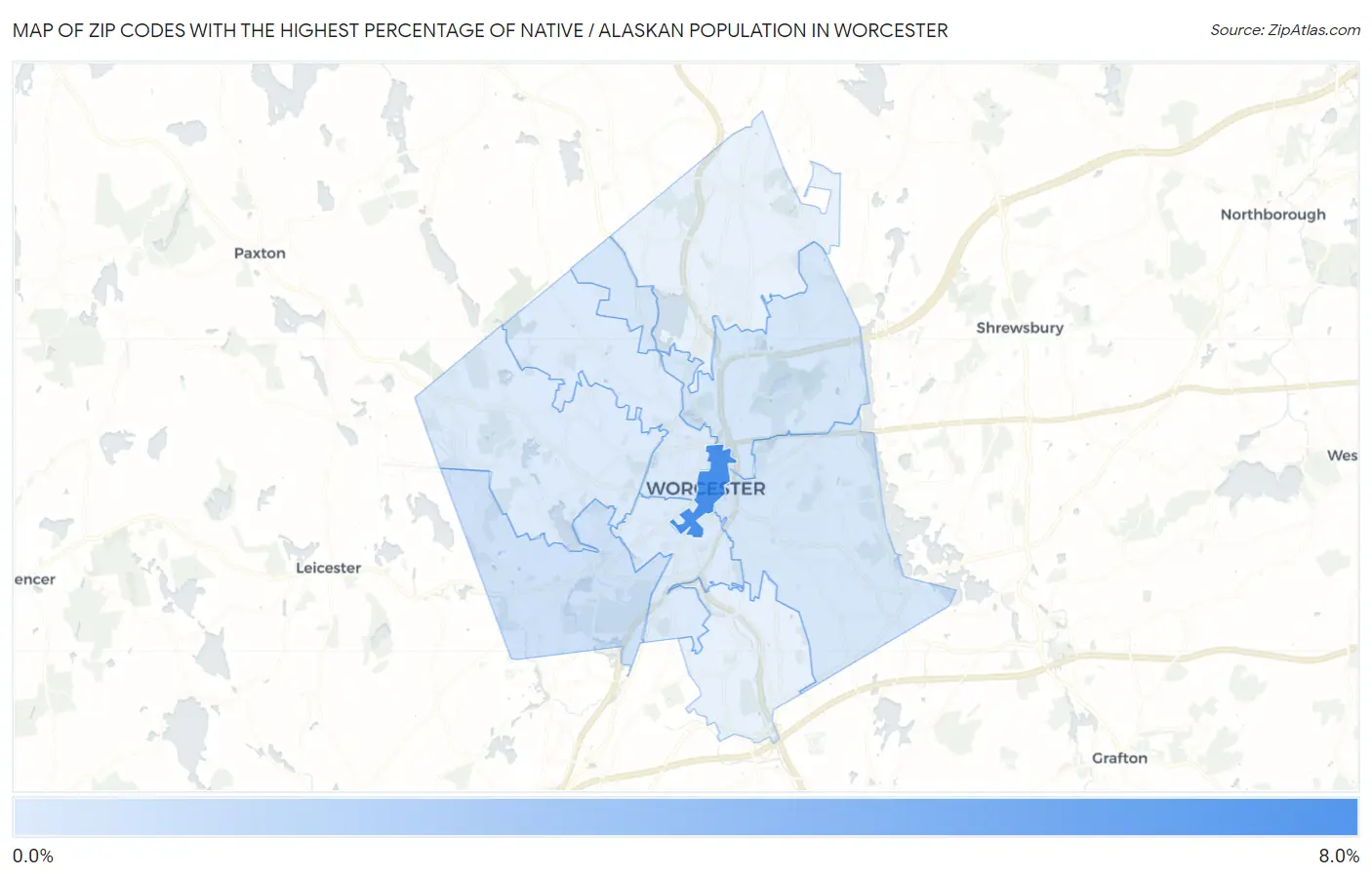 Zip Codes with the Highest Percentage of Native / Alaskan Population in Worcester Map
