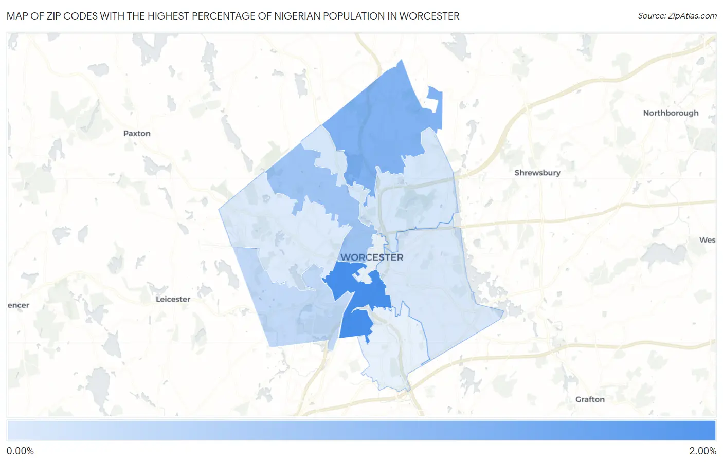 Zip Codes with the Highest Percentage of Nigerian Population in Worcester Map