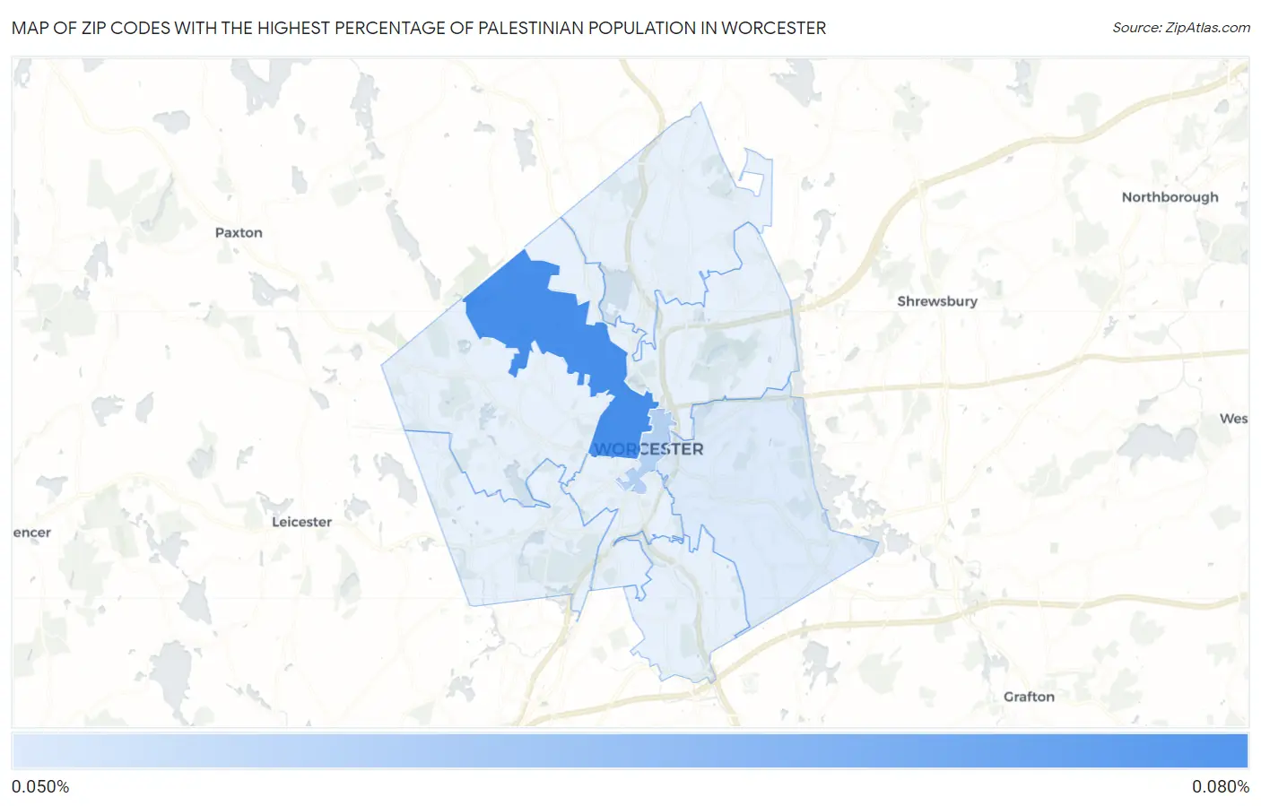 Zip Codes with the Highest Percentage of Palestinian Population in Worcester Map