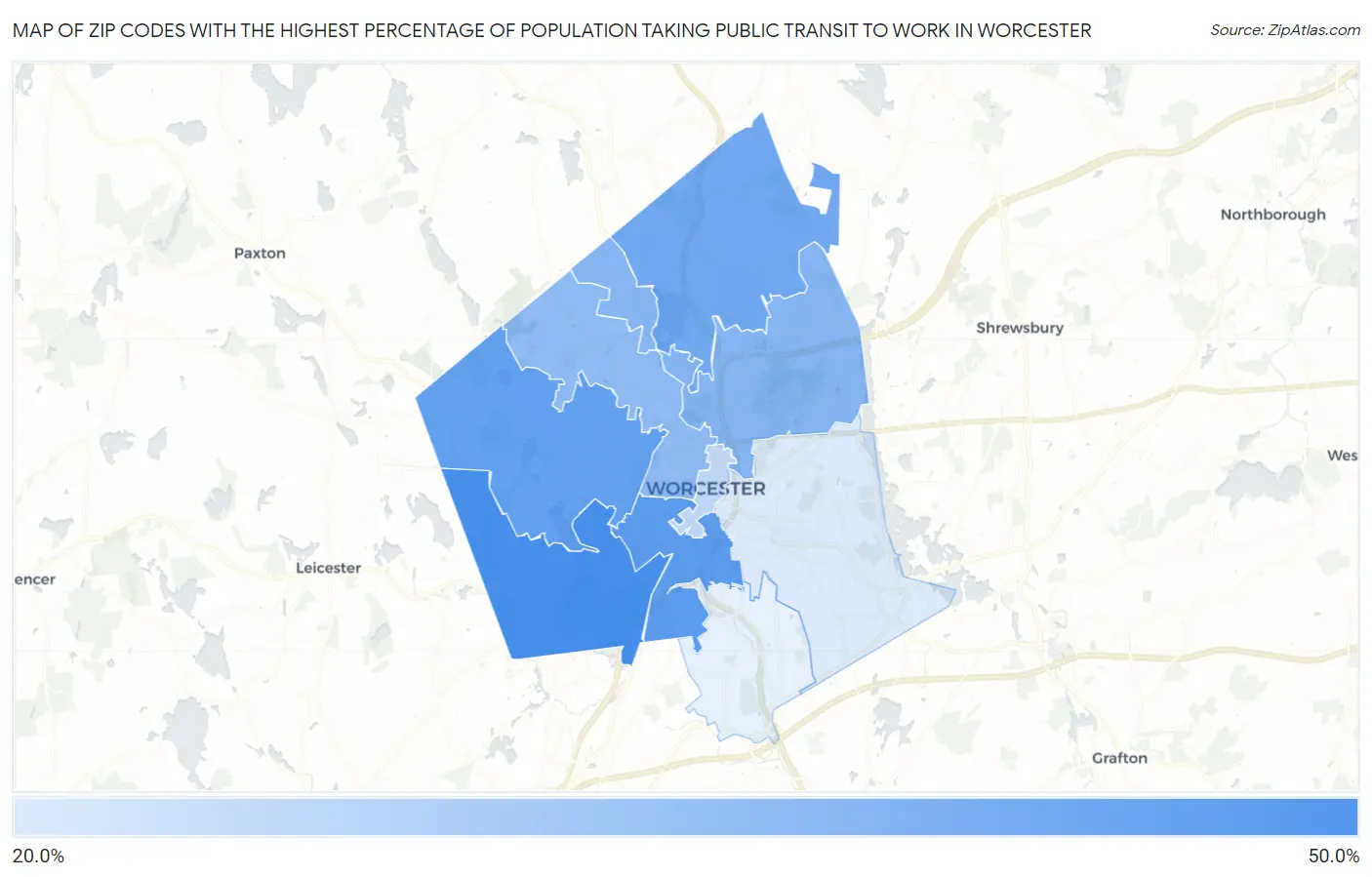 Zip Codes with the Highest Percentage of Population Taking Public Transit to Work in Worcester Map