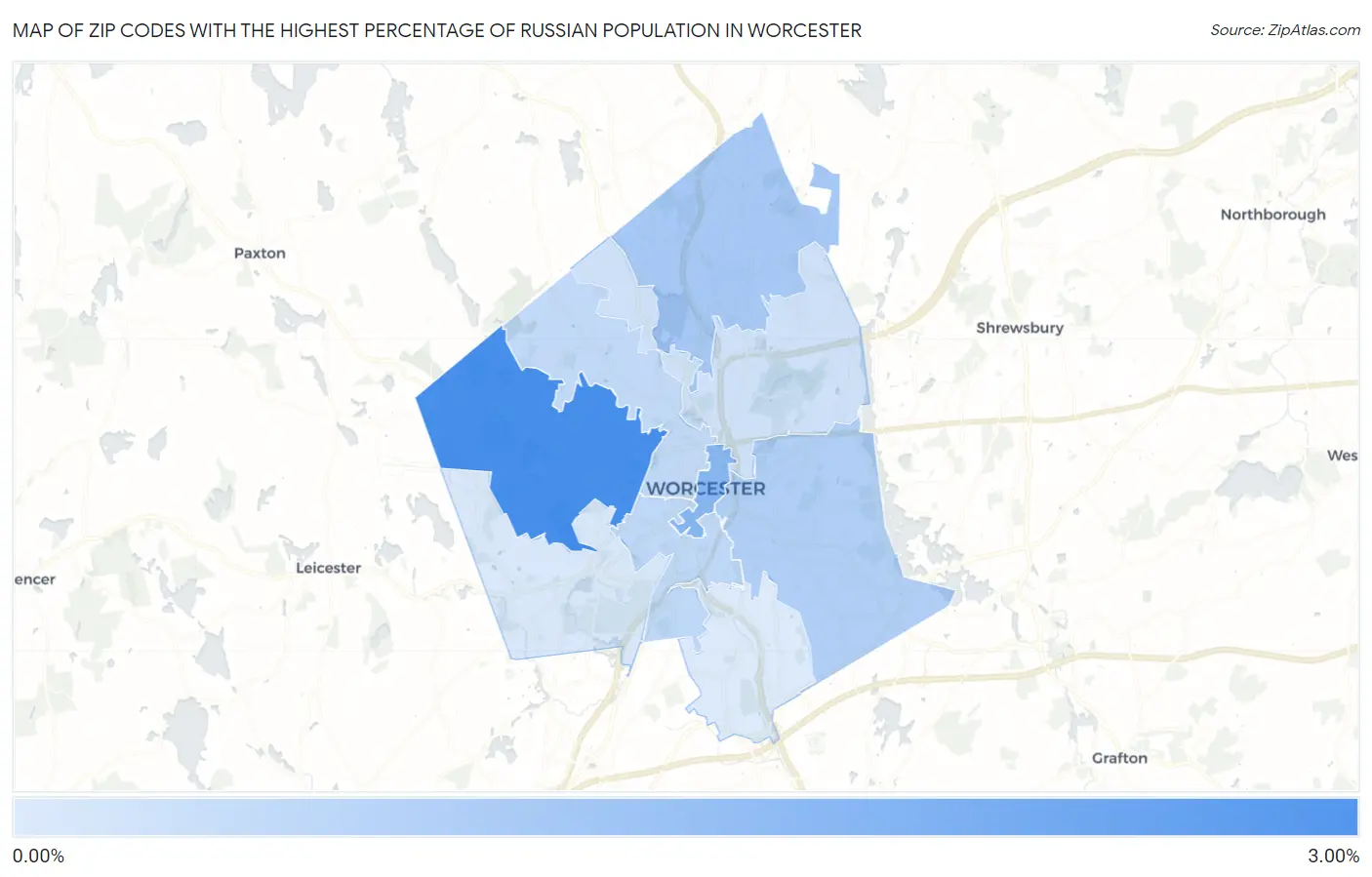 Zip Codes with the Highest Percentage of Russian Population in Worcester Map