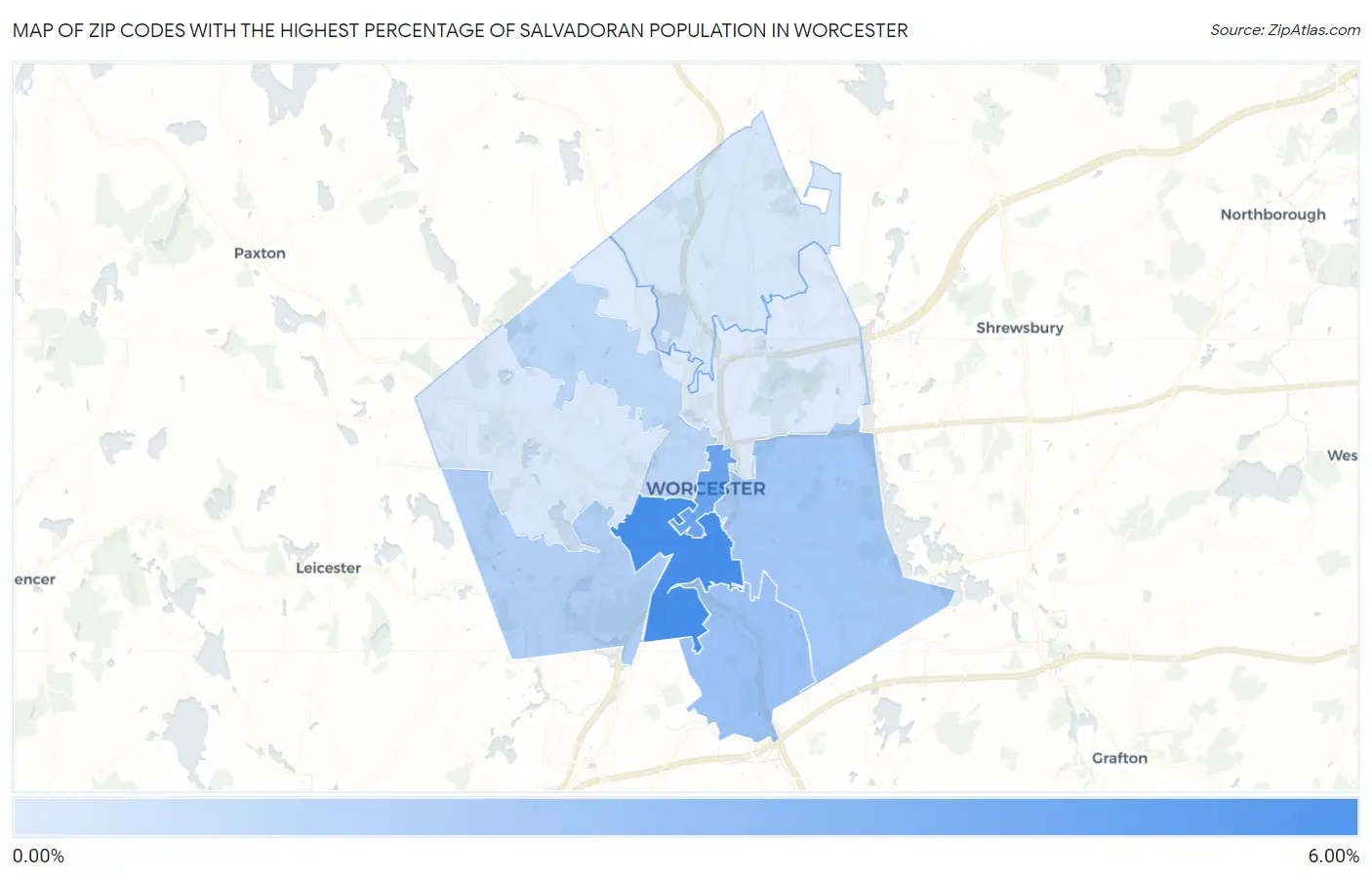 Zip Codes with the Highest Percentage of Salvadoran Population in Worcester Map
