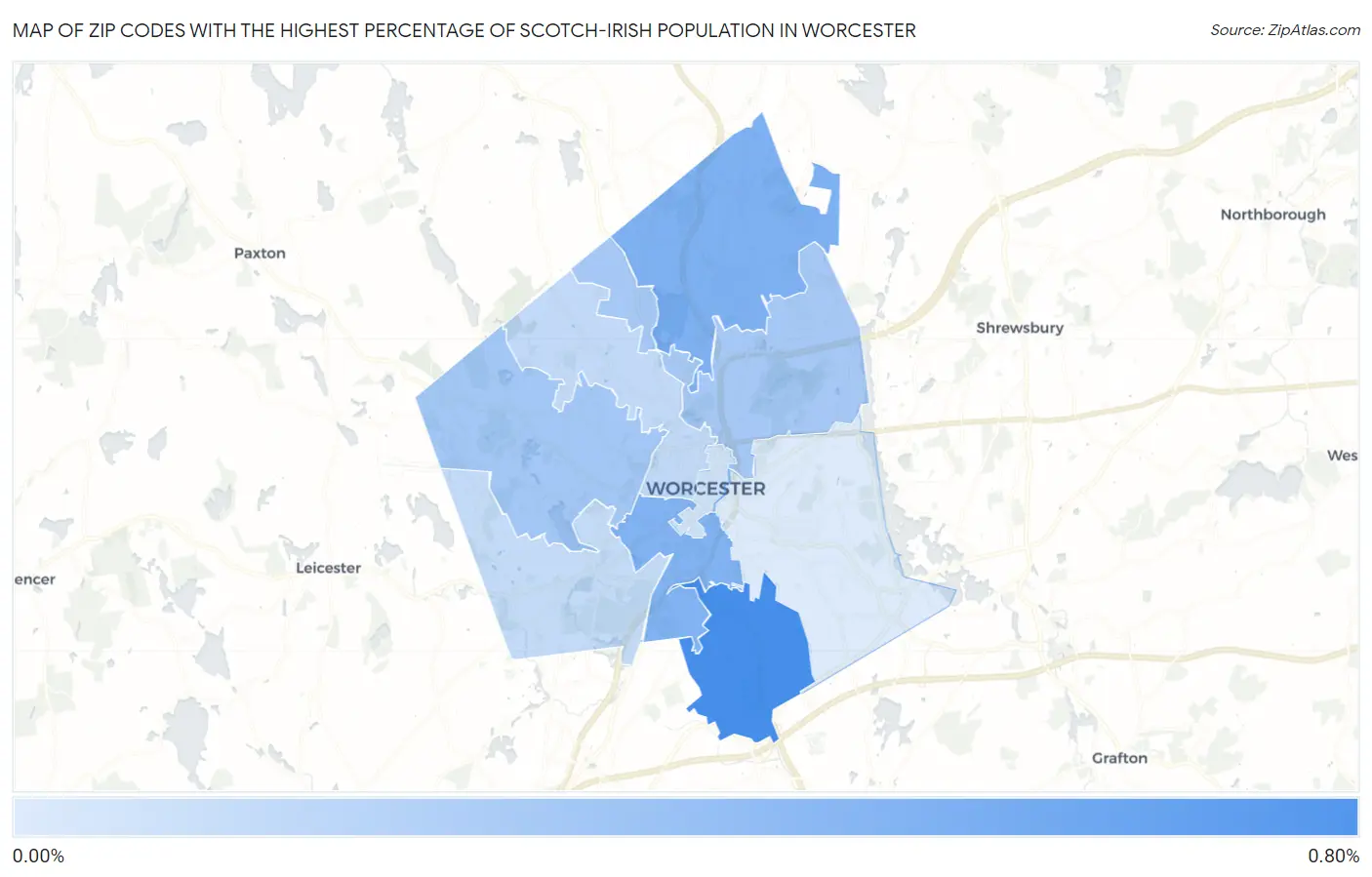 Zip Codes with the Highest Percentage of Scotch-Irish Population in Worcester Map