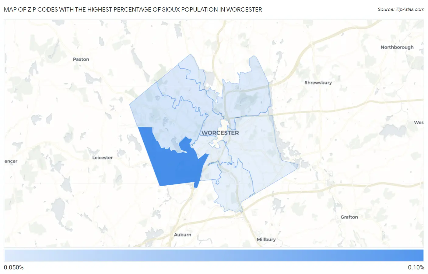 Zip Codes with the Highest Percentage of Sioux Population in Worcester Map