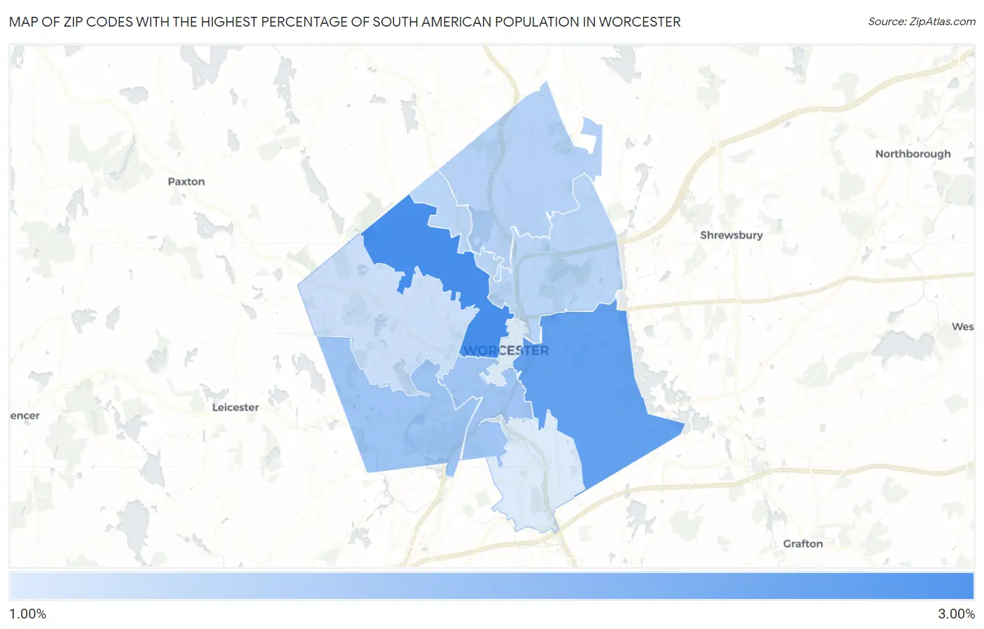 Zip Codes with the Highest Percentage of South American Population in Worcester Map