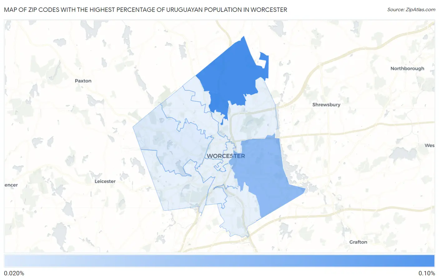 Zip Codes with the Highest Percentage of Uruguayan Population in Worcester Map