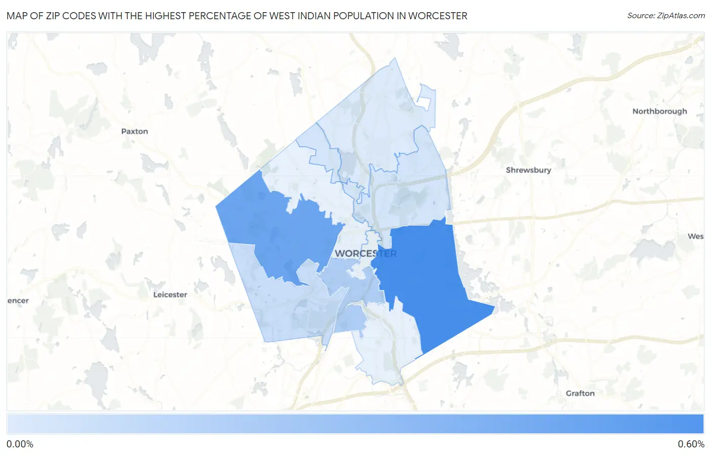 Zip Codes with the Highest Percentage of West Indian Population in Worcester Map